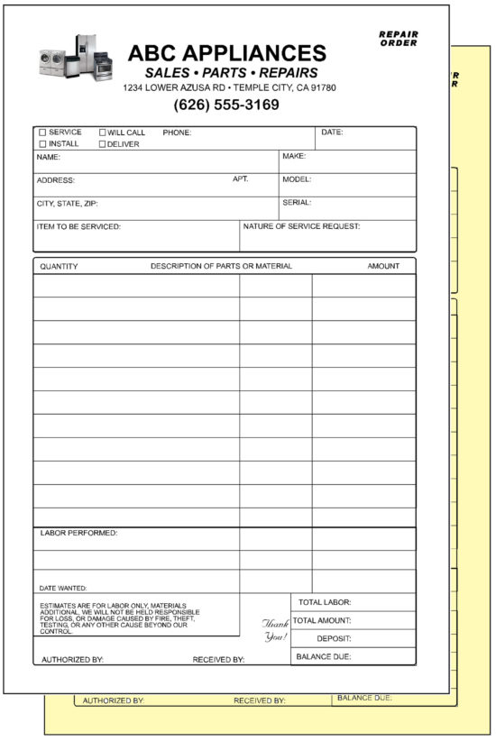 Appliance Repair Service Invoices Receipts 2 Part NCR Custom Printed w