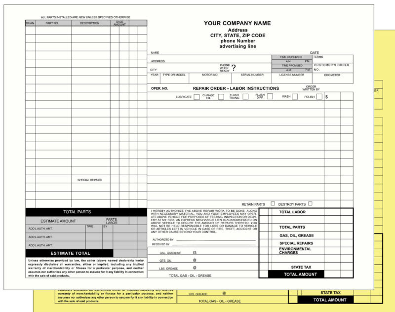 Automotive Repair Order -2part NCR Shop Work Order Quality Custom Print ...