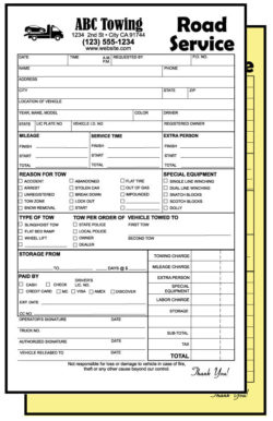 Towing Invoices – Receipts – Custom Printed – 2 part NCR Road Service ...