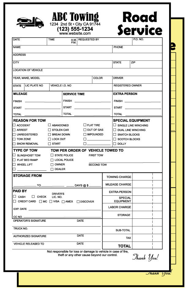 Towing Invoices Receipts Custom Printed 2 Part NCR Road Service